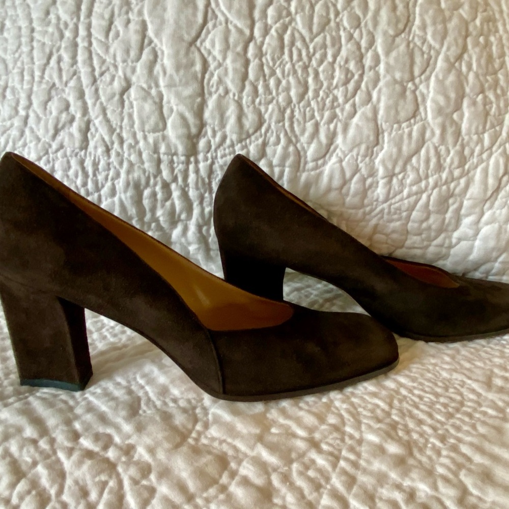 Brown Suede Block Heel Pumps